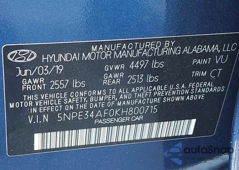2019 Hyundai Sonata Sport from USA, damaged, VIN 5NPE34AF0KH800715